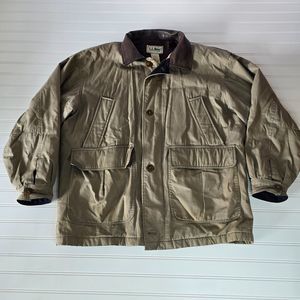 Vintage LL Bean Jacket Mens Large Leather Collar Chore Bomber Coat Fleece lined